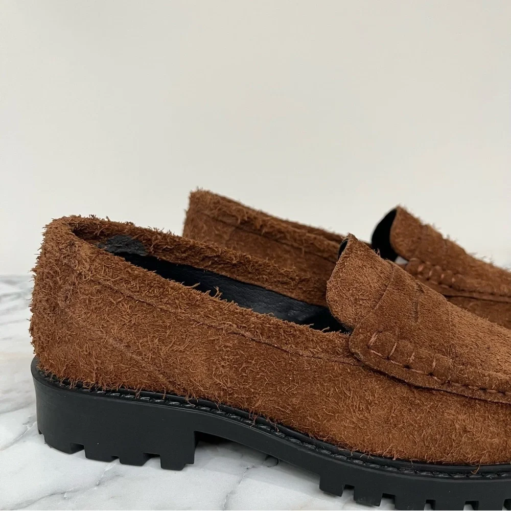 Maeve Brown Lug Suede Loafers Textured Raw Leather Natural Furry Penny Chunky 38